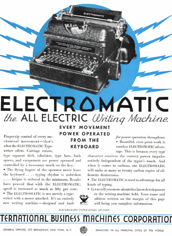 Reklame fra 40-tallet med bilde av en IBM Electromatic
