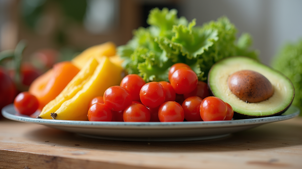 Eye-level view of a colorful plate filled with fresh fruits and vegetables
