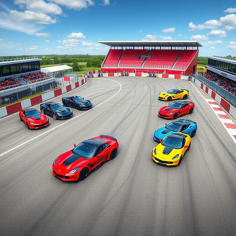 corvettes, red ,black, blue, yellow motor race track, stands with people watching the rac