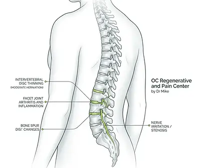 Illustration of a person with spine degenerative disc disease, with callouts pointing to the disc, facet joints, and irritated nerves