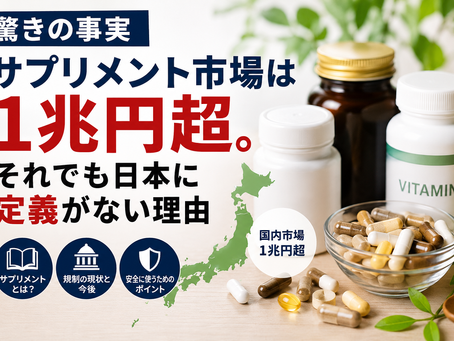 サプリメント市場1兆円超を示すビタミンや健康食品のボトルと日本の市場成長イメージ。