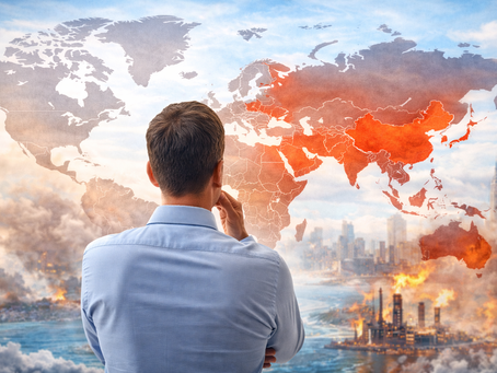 世界地図を前に考える人物のシルエット。第三次世界大戦の危険地域と地政学リスクを象徴するイメージ。