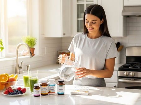 サプリメントを手に取る女性と、クリーンな原材料のボトル。LiveGoodの品質・透明性・価格の3つを表現した画像