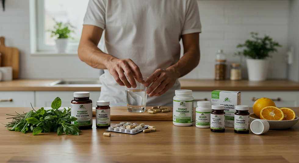 透明なカプセルがハーブや植物の上に並んでいる