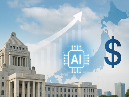 ドルマークとAIホログラムが浮かぶ未来都市。円安時代にドルで稼ぐイメージ。