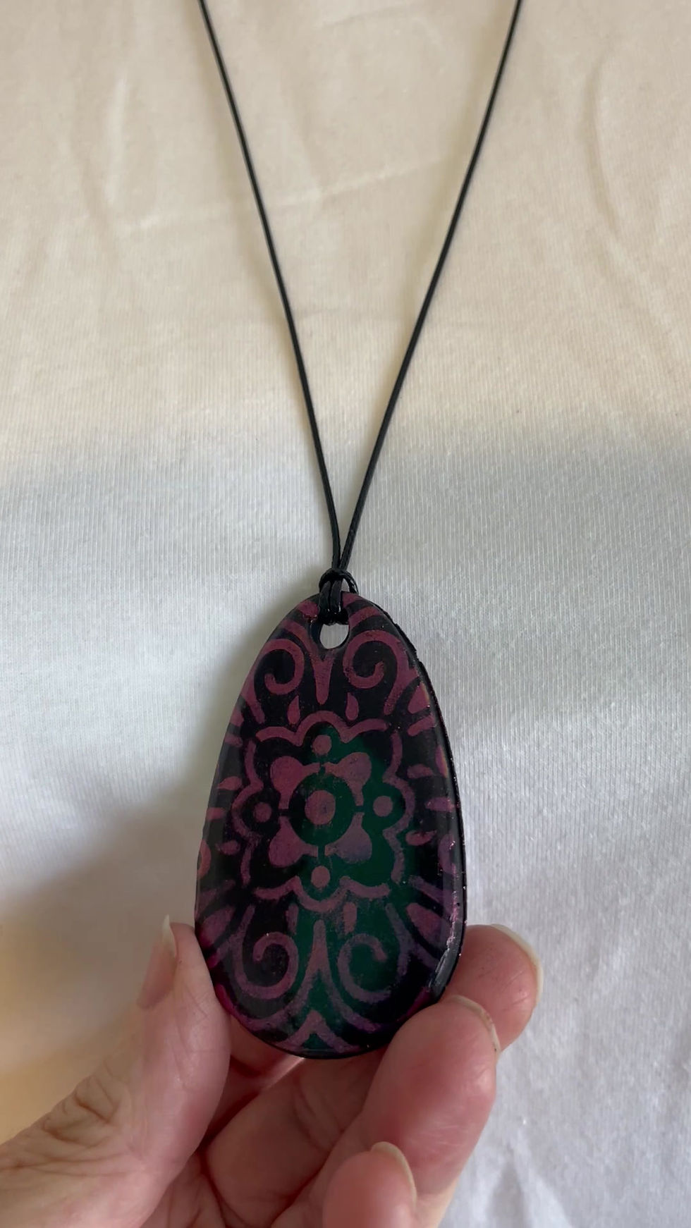 Thumbnail: Boho Chameleon Polymer Clay/Resin Drop On A 75cm Black Cord Necklace.