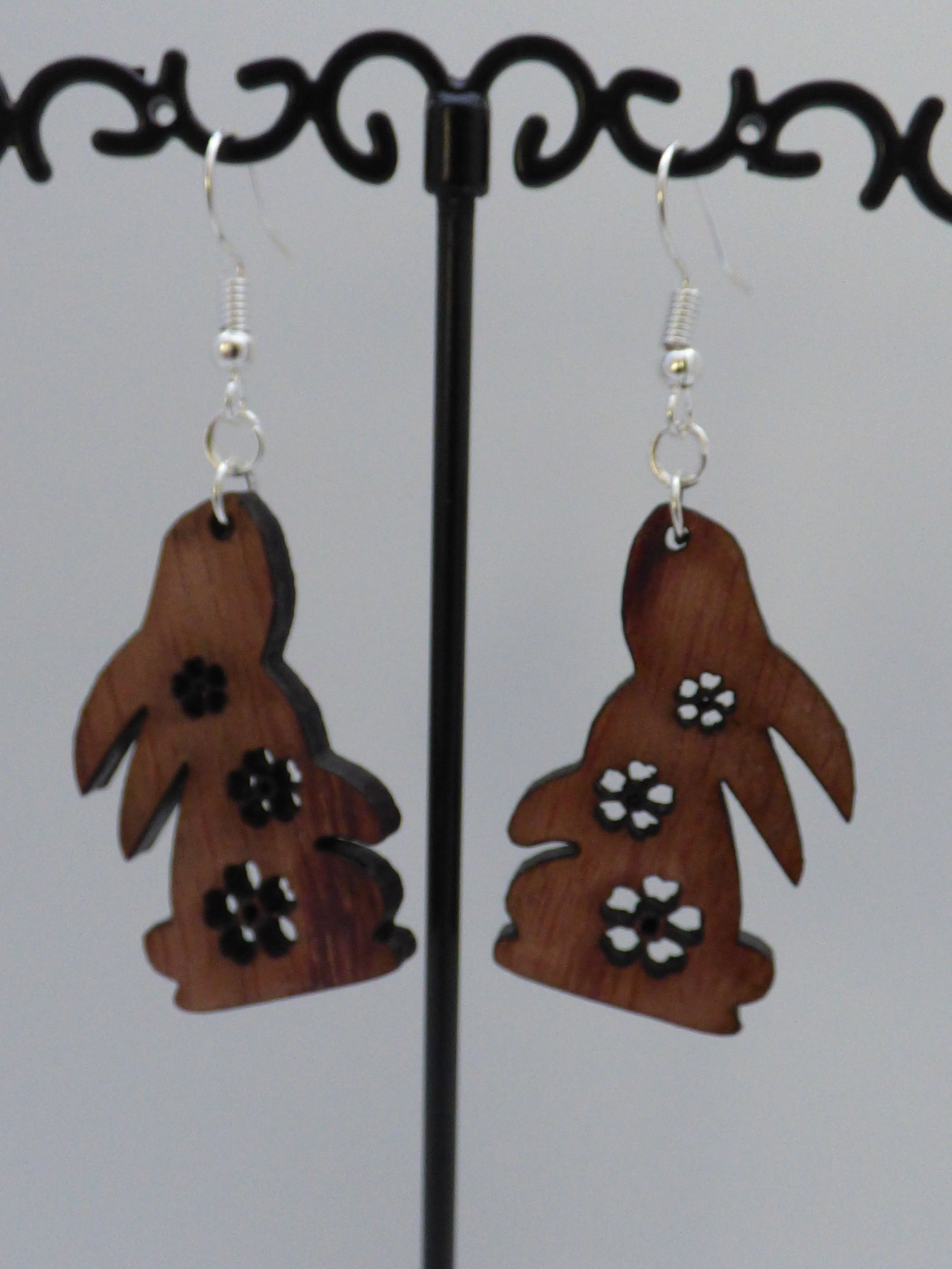 Wooden Pair of Rabbit/Flower Cutout Drop Earrings.