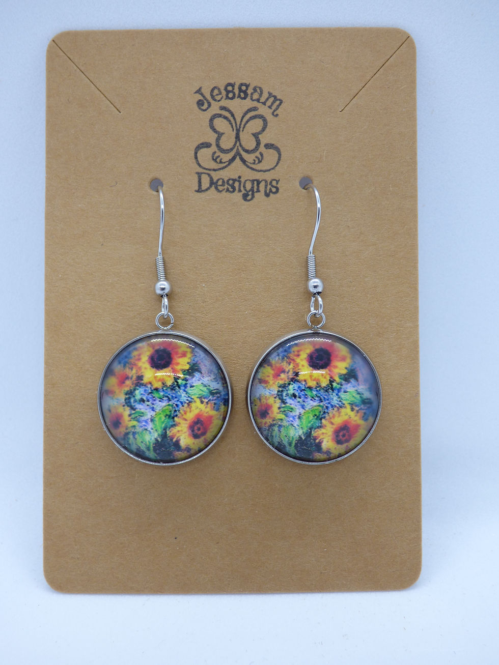 Van Gogh Style - Sunflowers 20mm Glass CAB 42mm Drop Earrings