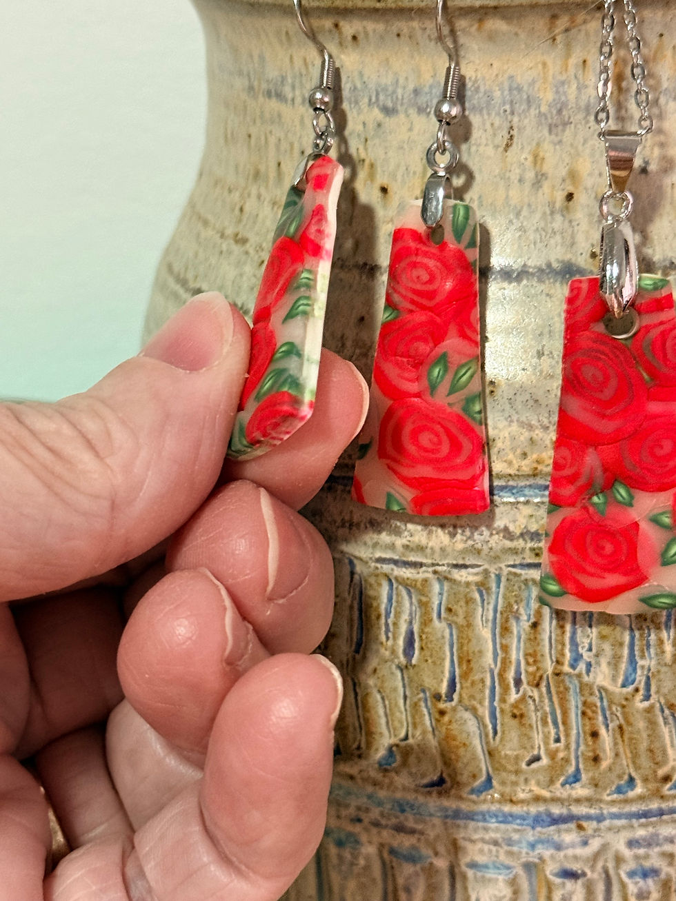 Thumbnail: Handmade Polymer Clay Red Rose Jewellery Set – Earrings & Necklac