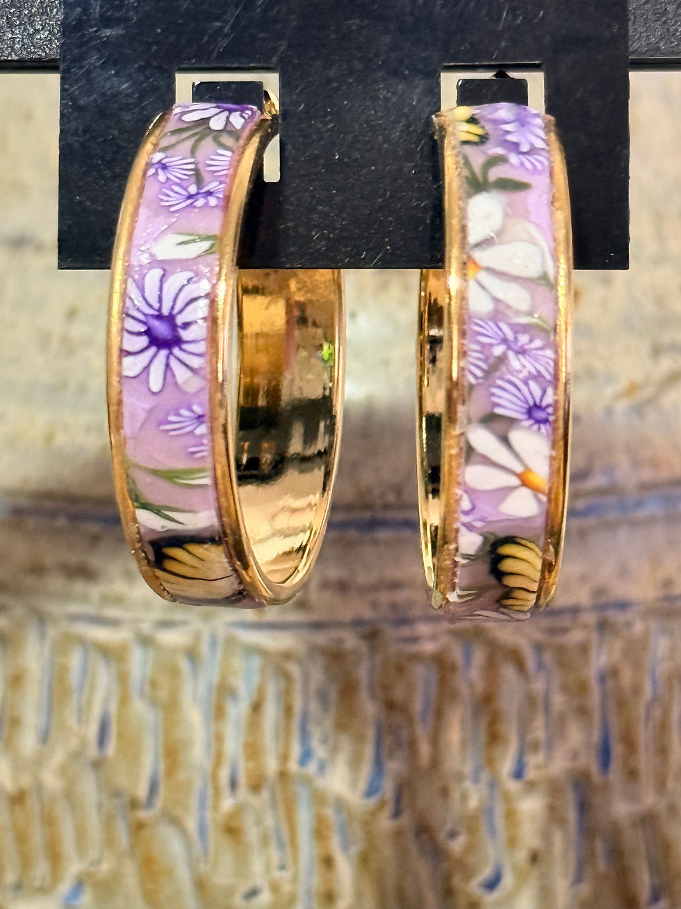 Thumbnail: Springtime Flowers Polymer Clay Inlay 32mm Hoop Earrings