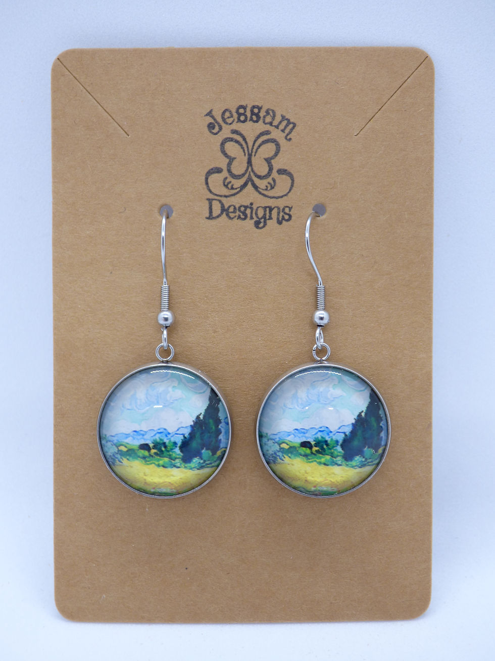 Van Gogh Style - Wheat Field 20mm Glass CAB 42mm Drop Earrings