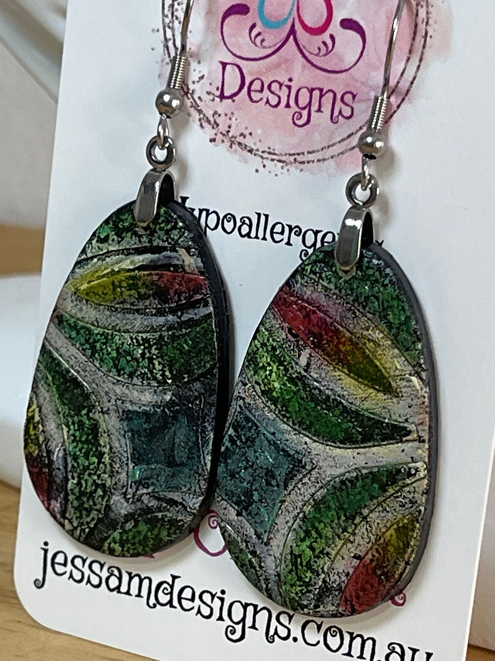 Thumbnail: Textured/Painted Polymer Clay Oval Drop Earrings