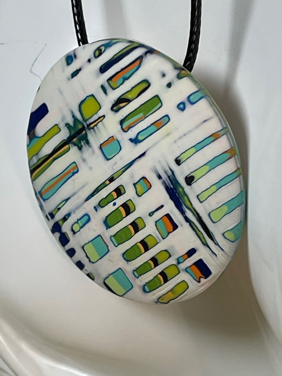 Thumbnail: Round abstract domed polymer clay pendant 45cm + 5cm Extension Necklace