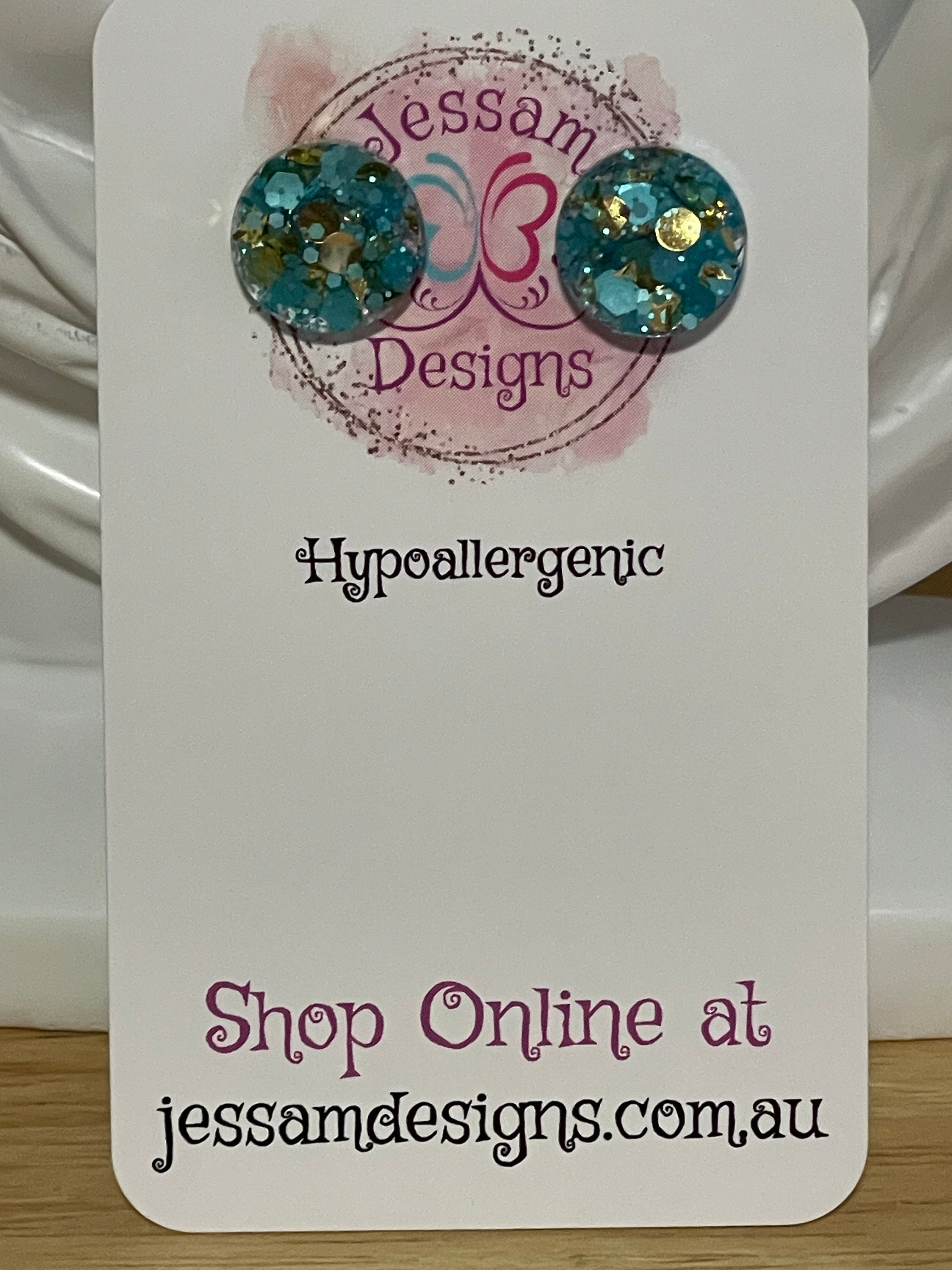 Blue/Gold Sparkle 14mm Resin Stud Earrings