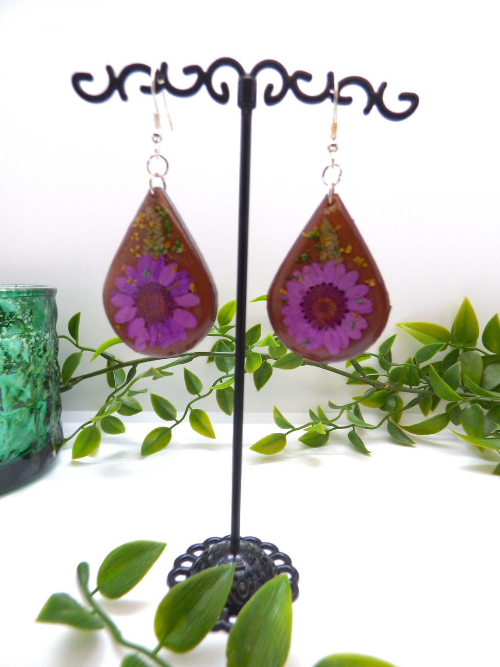 Thumbnail: Wooden Teardrop Purple Daisy Flower 65mm Dangle Earrings