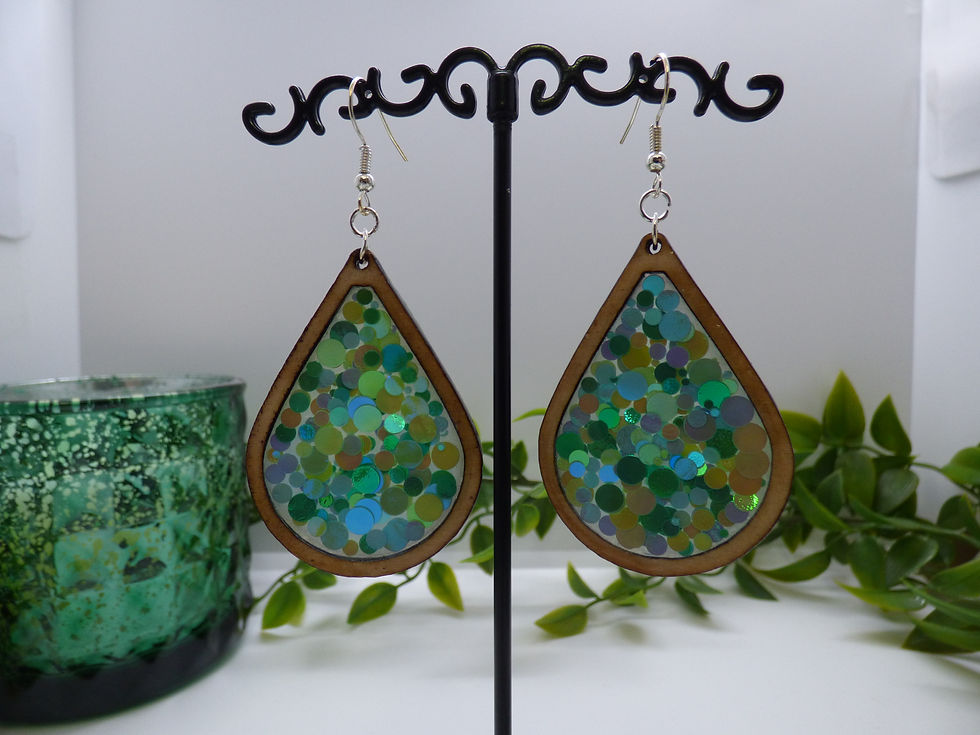 Wooden Raindrop With Green/Blue Mermaid Dots 72mm Drop Earrings.