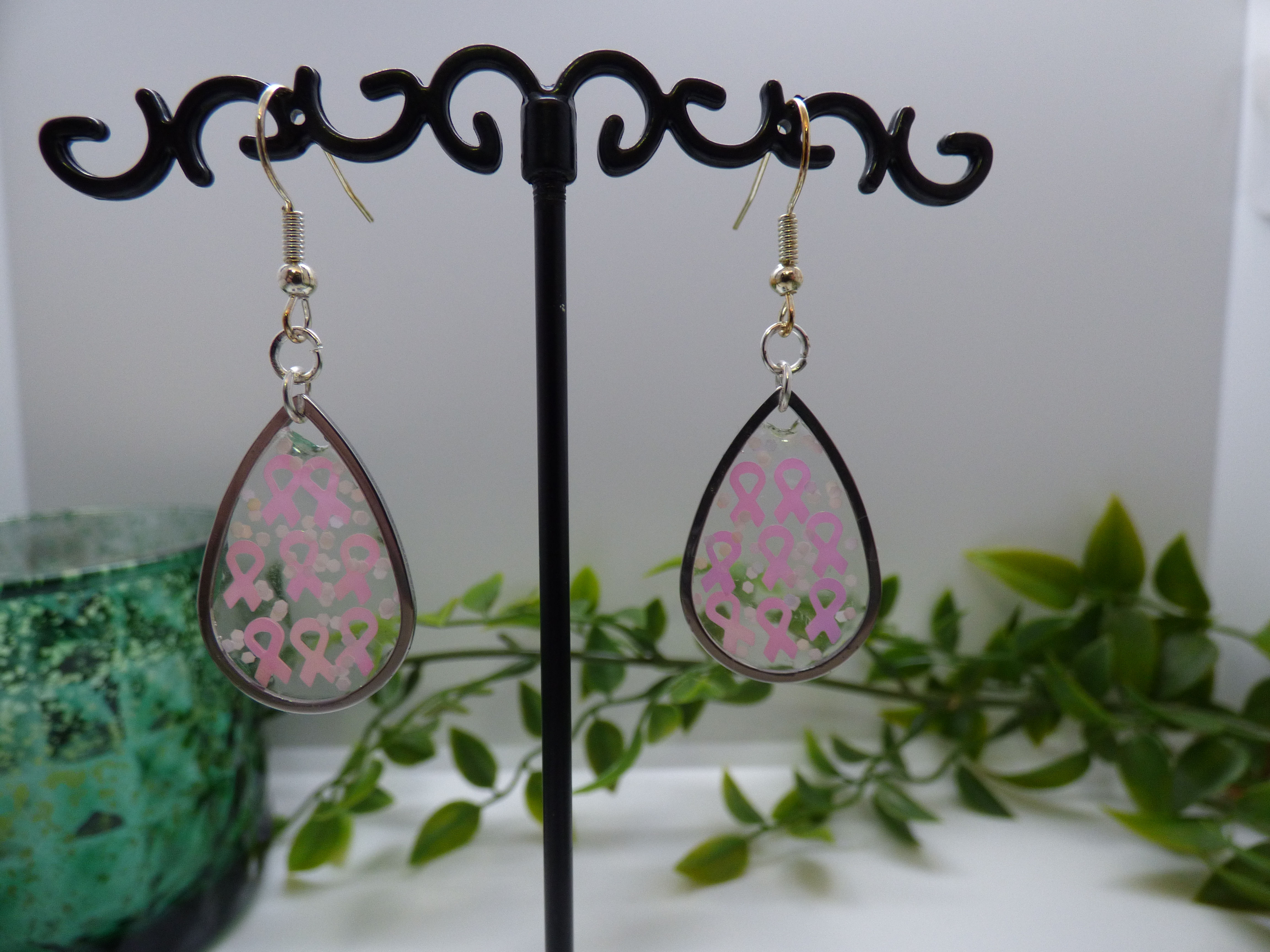 Cancer Awareness Resin/Glitter Raindrop 50mm Dangle Earrings