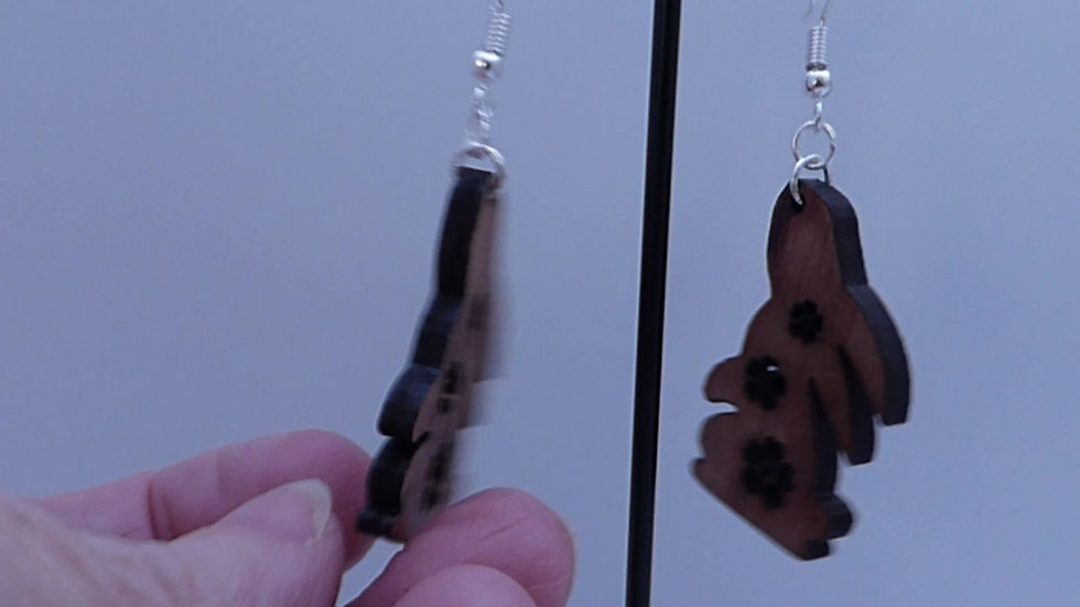 Thumbnail: Wooden Pair of Rabbit/Flower Cutout Drop Earrings.