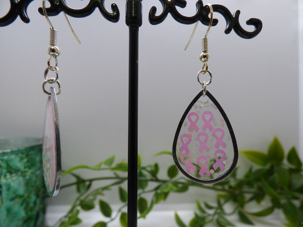 Thumbnail: Cancer Awareness Resin/Glitter Raindrop 50mm Dangle Earrings