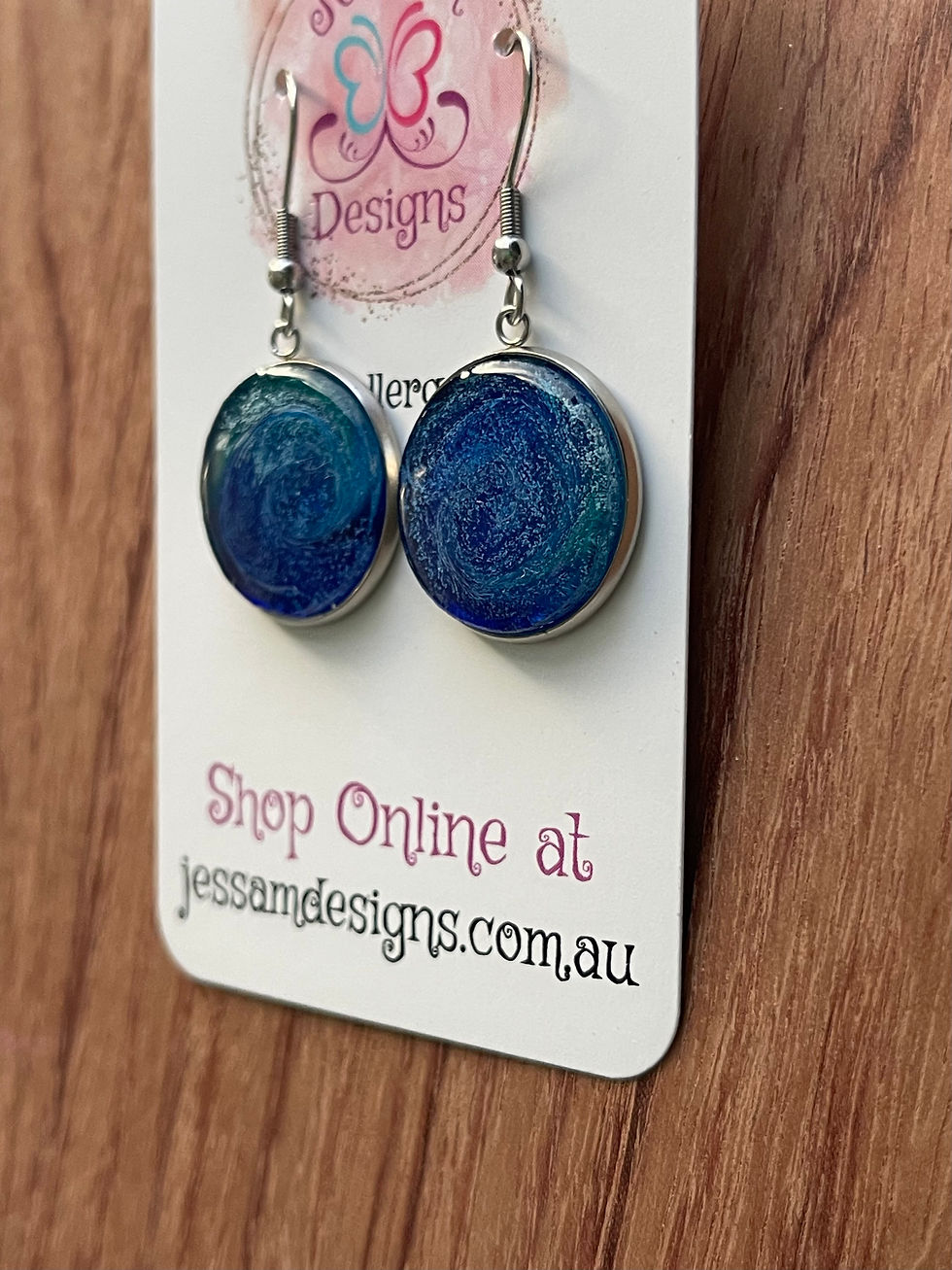 Thumbnail: Blue/Blue Swirl Domed Resin Drop Earrings