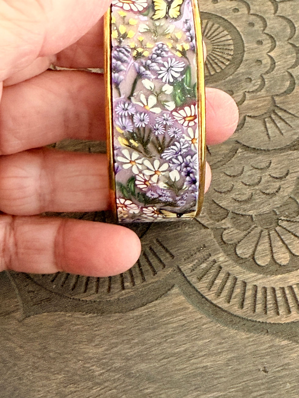 Thumbnail: Springtime Flowers & Butterflies Polymer Clay On Gold Plated Bracelet.