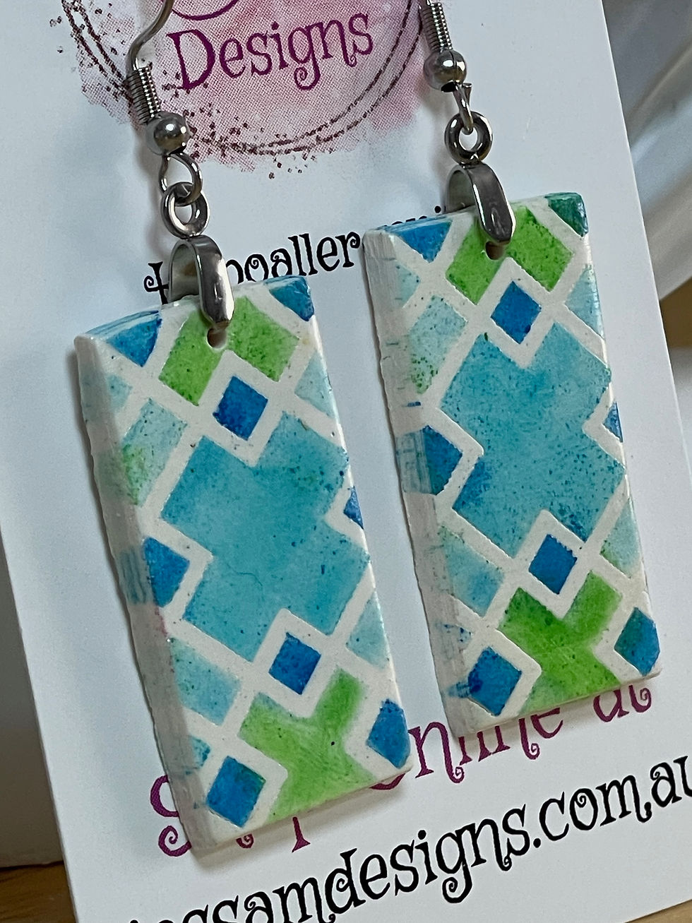Thumbnail: Blue/Green Mosaic Print Polymer Clay Drop Earrings