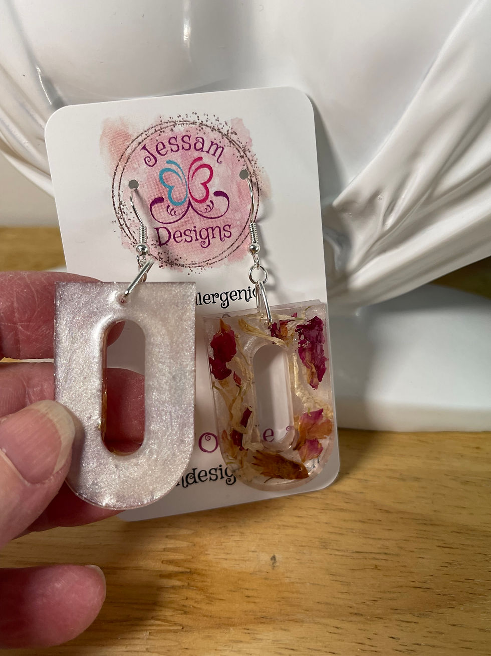 Thumbnail: Pressed Flower Petals/Resin Hollowed Centre 65mm Drop Earrings