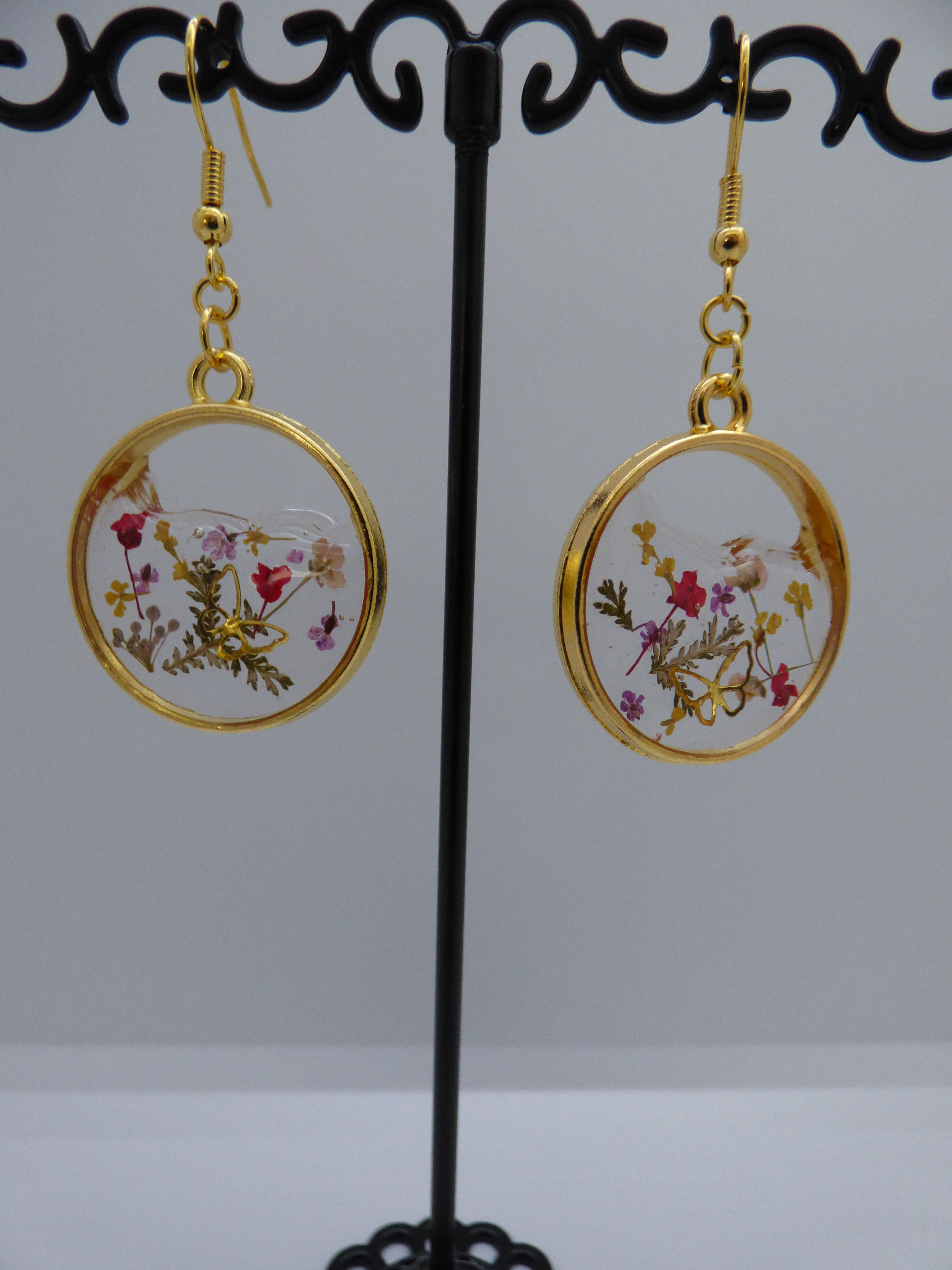 Spring Flowers & Butterfly Clear Resin Round Earrings