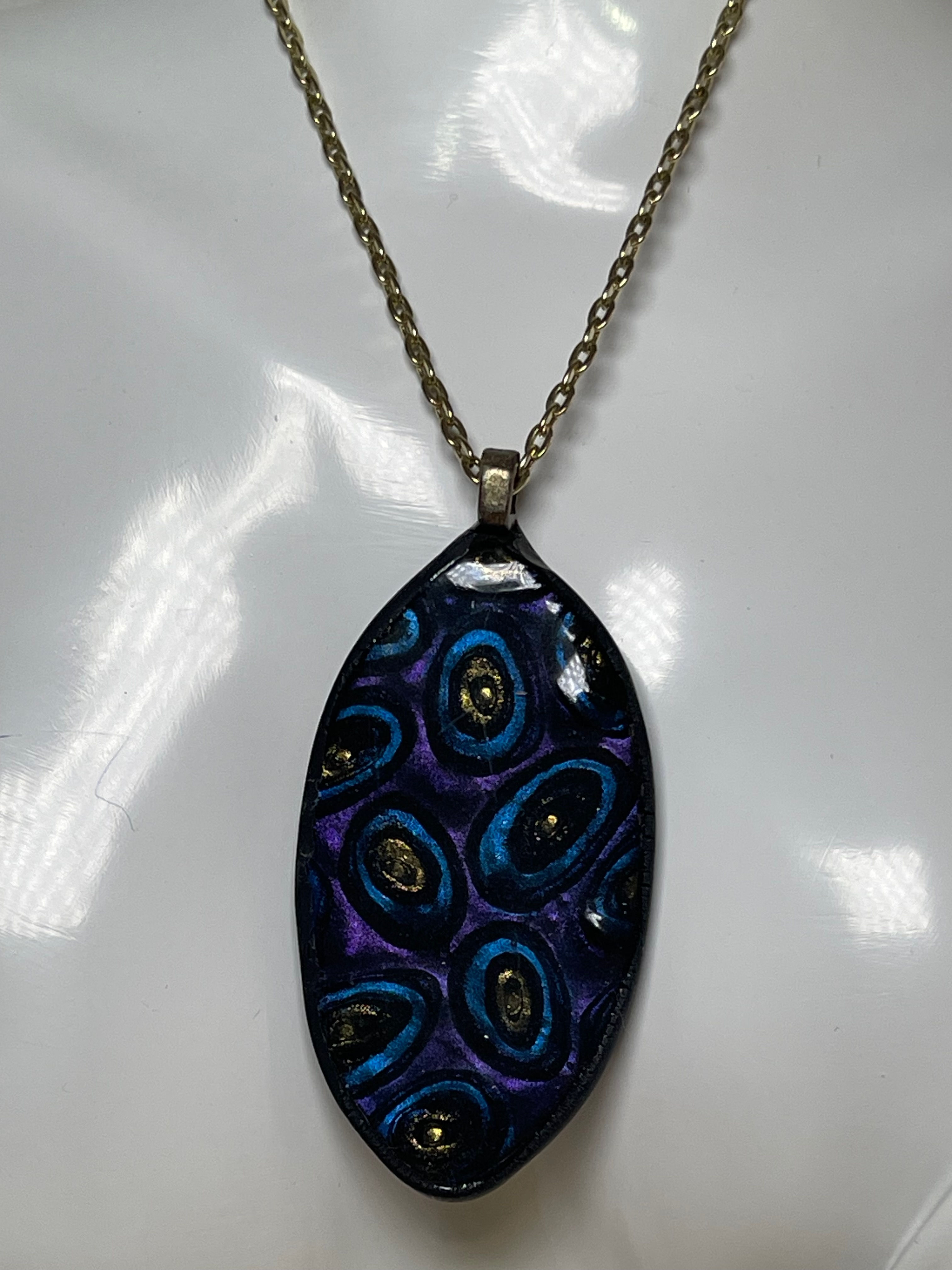 Purple/Blue/Bronze Irregular Oval Pendant On a Chain