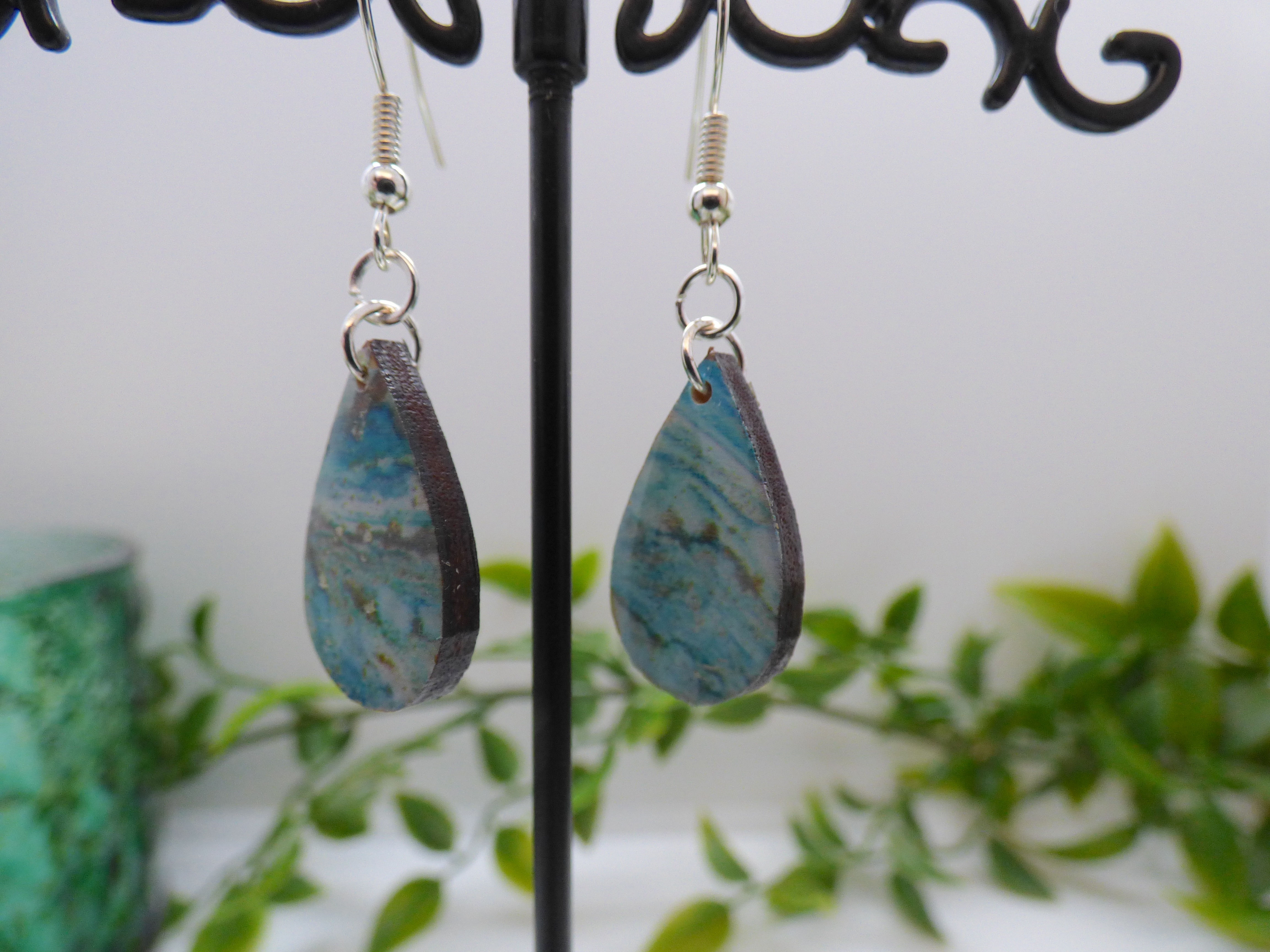 45mm Marble Foil Wood Dangle Earrings.
