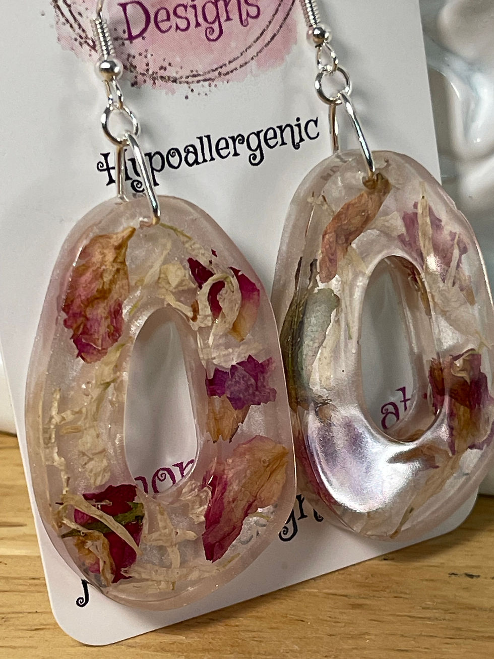 Thumbnail: Pressed Flower Petals/Resin Hollowed Oval 71mm Drop Earrings