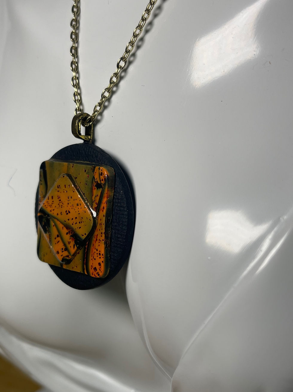 Thumbnail: Diamond On Square On Black Circle Shape Polymer Clay On 41cm Chain.