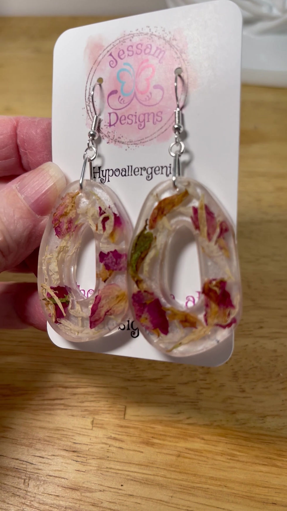 Thumbnail: Pressed Flower Petals/Resin Hollowed Oval 71mm Drop Earrings