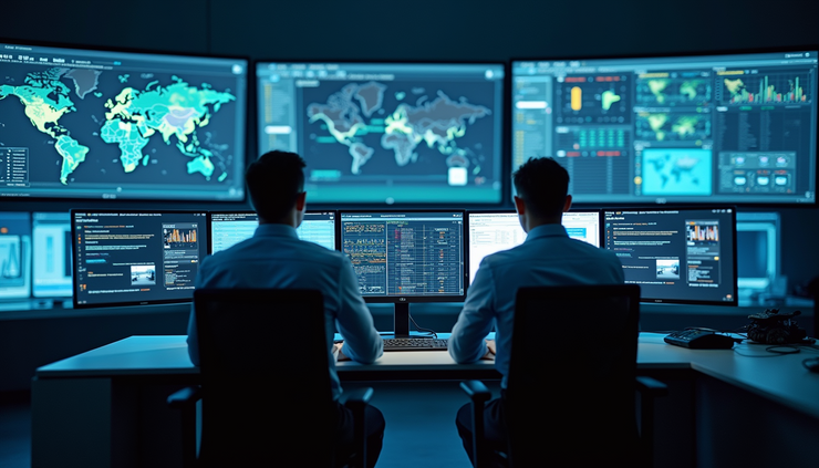 High angle view of a control room displaying telematics and IoT data on multiple screens