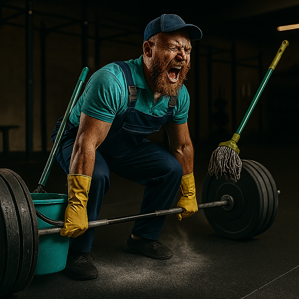 Intensity meets hygiene—where clean floors and deadlifts collide.