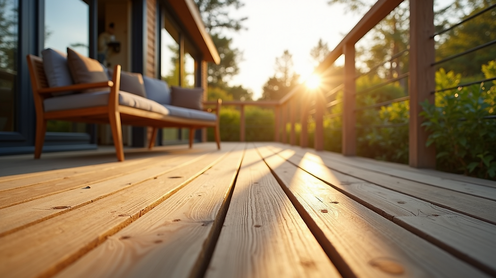 Eye-level view of a beautifully constructed wooden deck with outdoor furniture