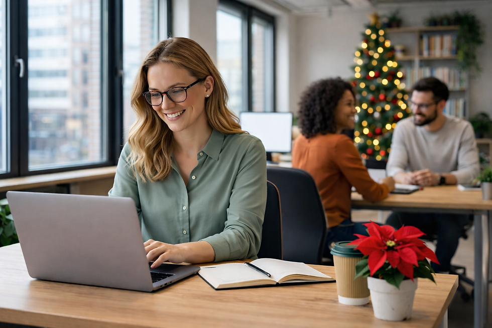 Kvinne som jobber med fakturering på laptop før juleferien for å få kontroll på faktureringen
