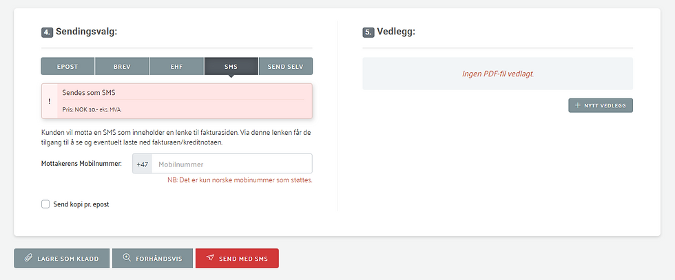 Brukergrensesnitt i fakturaprogrammet Fakturert.no, som viser sendingsvalget 'SMS' for å sende faktura direkte til kundens mobil. Inneholder felt for mottakers mobilnummer, prisinformasjon for SMS-tjenesten (10 kr eks. mva) og mulighet for kopi på e-post.