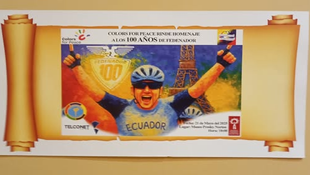 Poster tribute to 100 years of Fedenador with artwork of Richard Carapaz