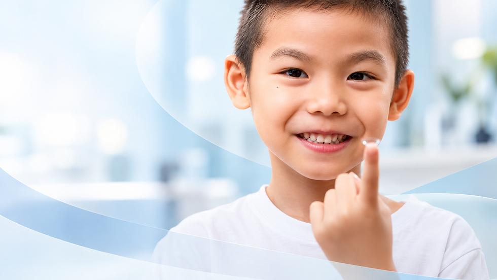 Cheerful boy with a night lens on his finger
