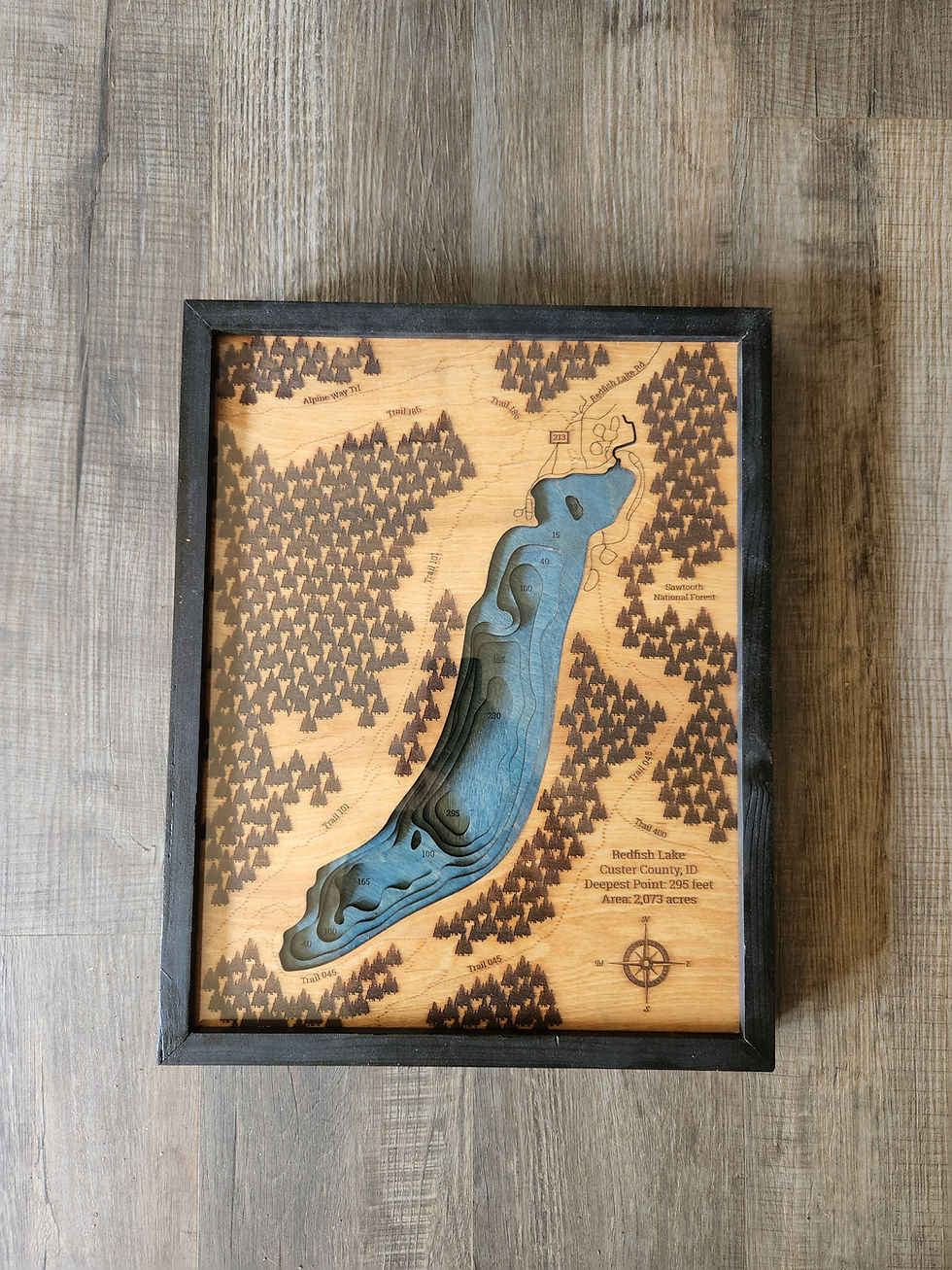Thumbnail: red fish lake 3d wood map in black frame