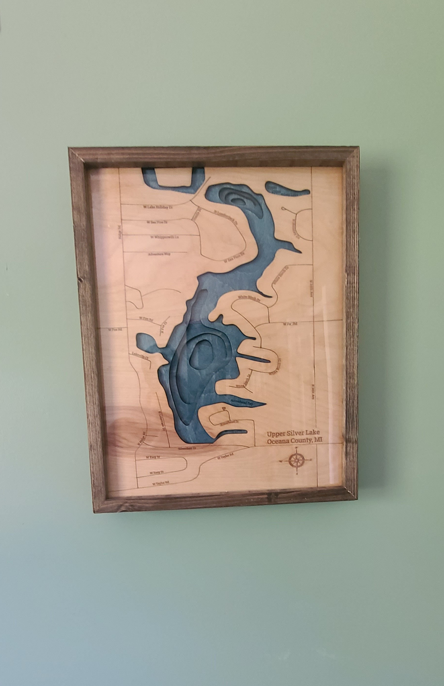 upper silver lake 3d wood map in dark brown frame