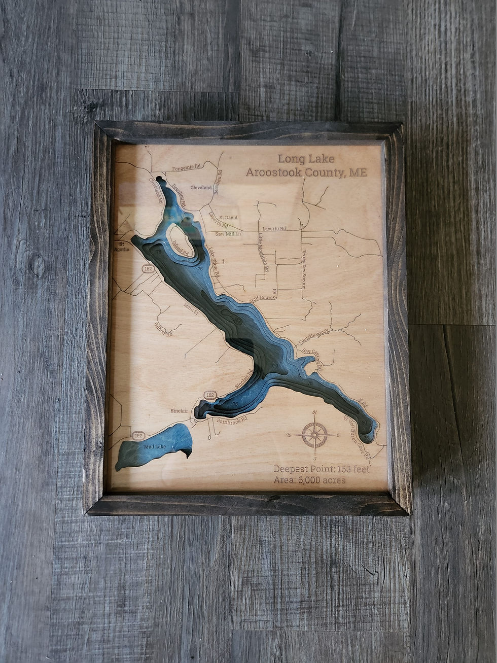 Thumbnail: long lake 3d wood map in dark brown frame