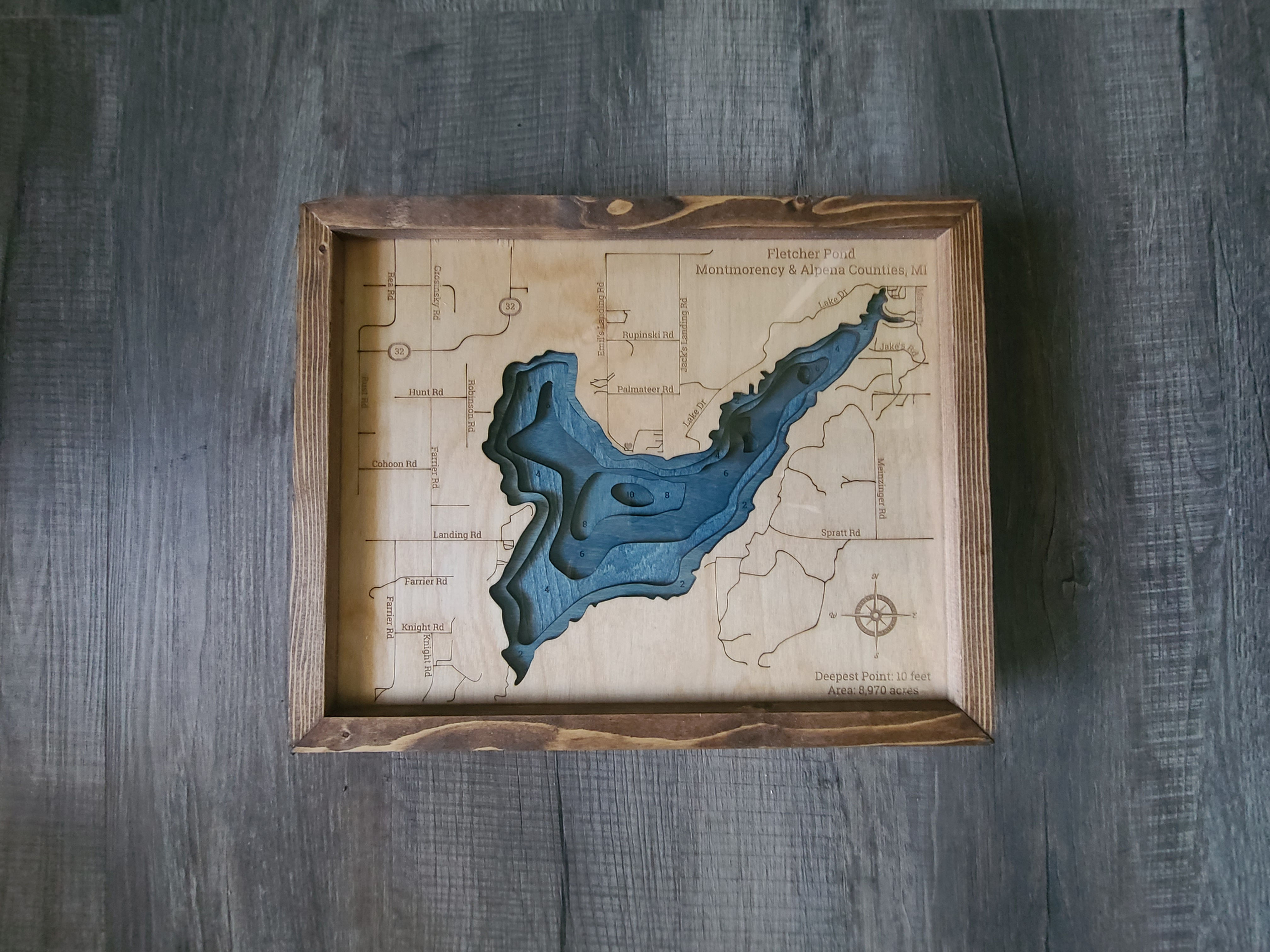 Fletcher pond 3d wood map in dark brown frame