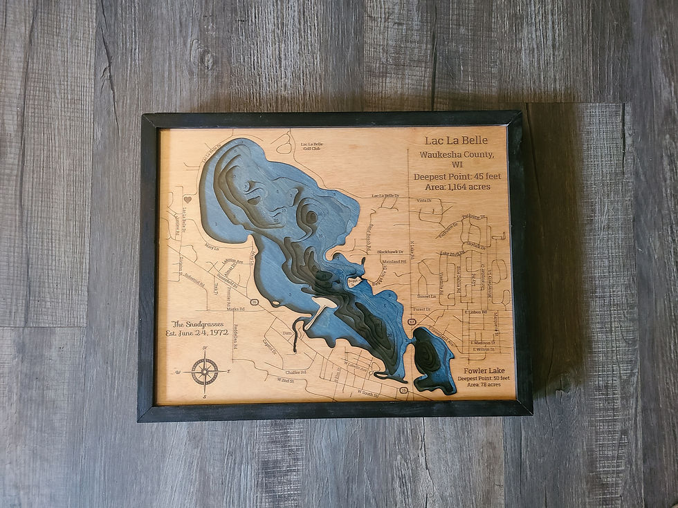 Lac la belle 3d wood map in black frame