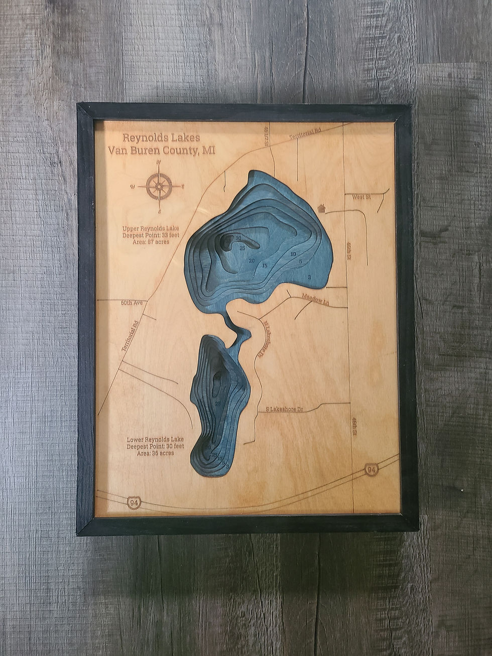 Reynolds Lake 3d wood map in black frame