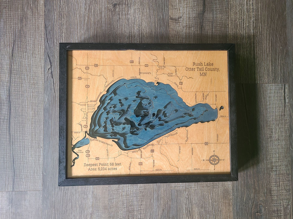 Rush Lake 3d wood map in black frame