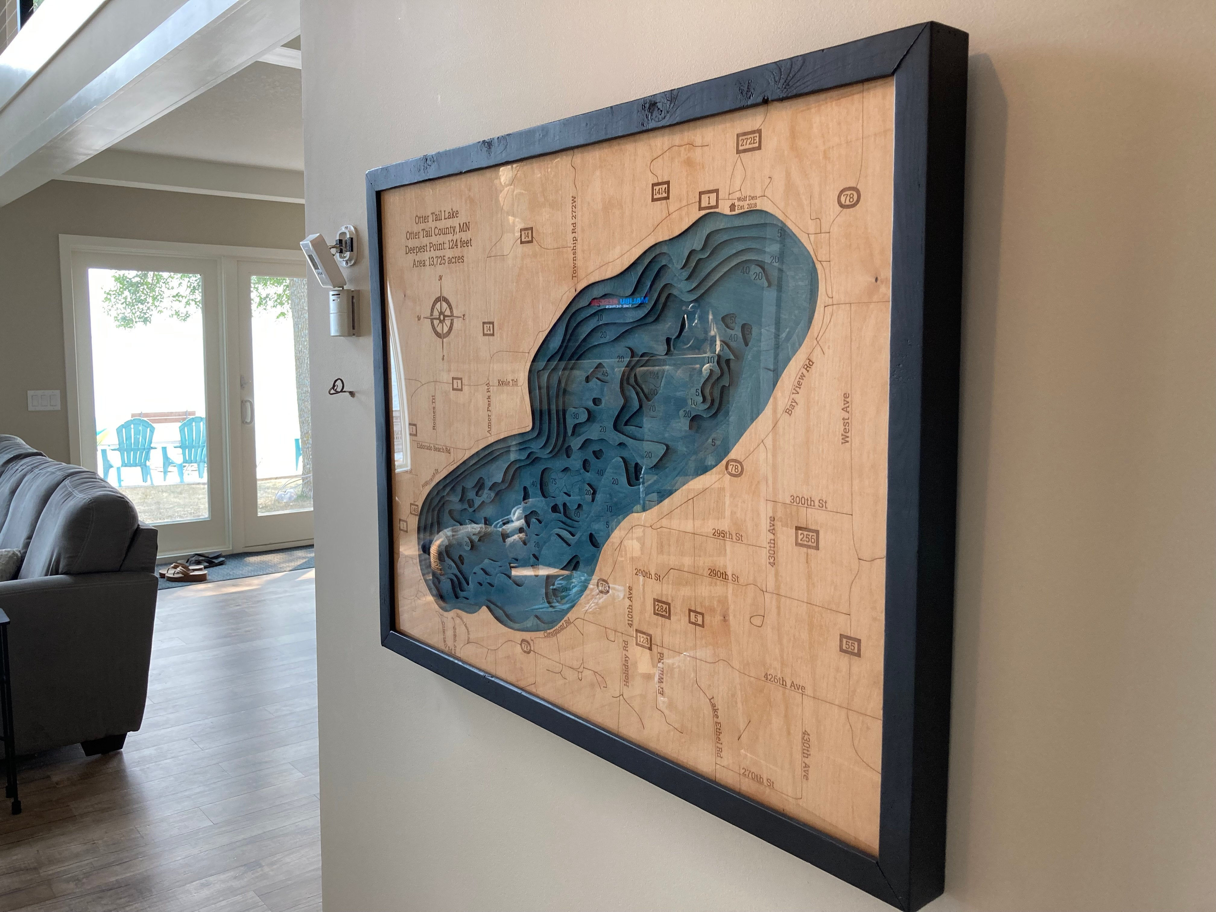 Otter tail lake 3d wood map in black frame