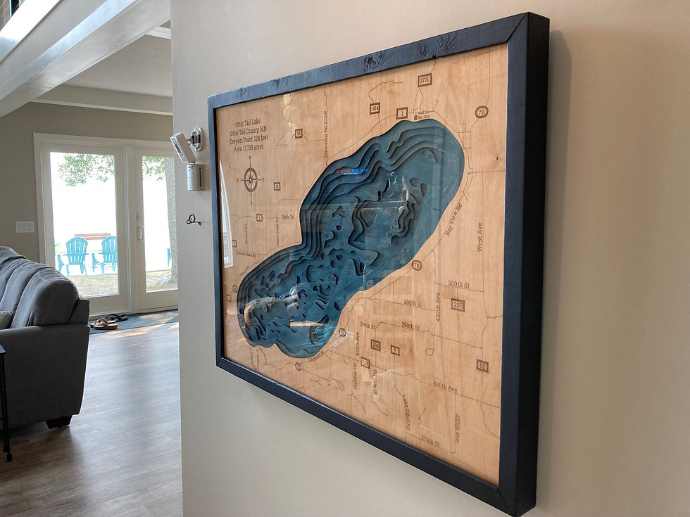 Otter tail lake 3d wood map in black frame