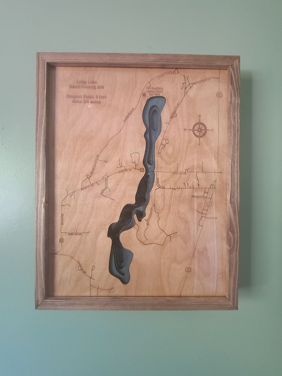 long lake 3d wood map in medium brown frame